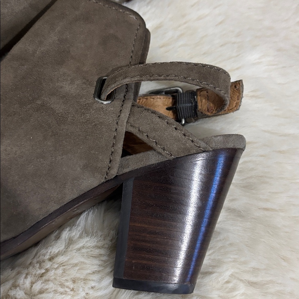 Frye Dani Shield Suede Wood Brown Open Toe Bootie Heel Sling Sandal Size 8 - Picture 4 of 12